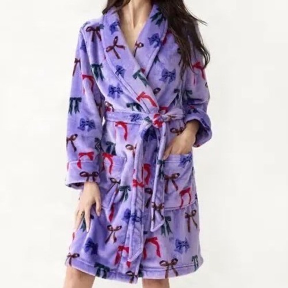 Vera Bradley Purple Plush Fleece Bow‎ Print Robe S/M Shawl Collar Belted Pockets